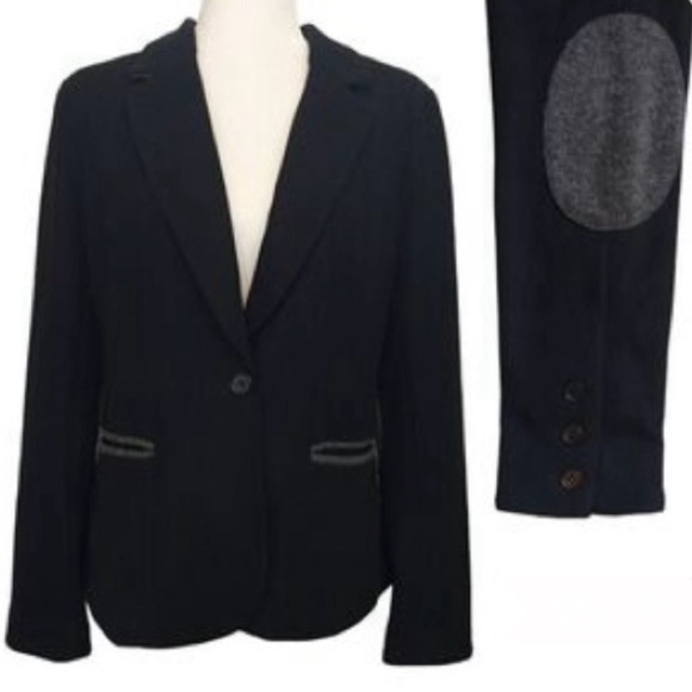 41 Hawthorn Cordoba black knit blazer elbow patches and gray accents, size Large